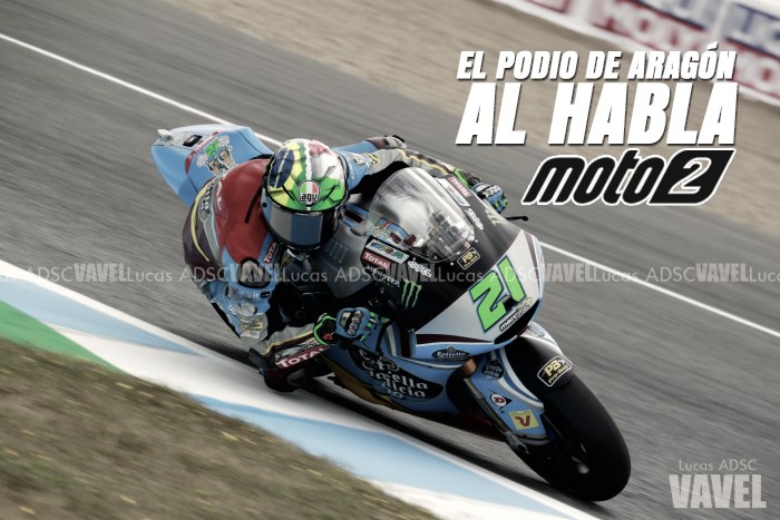 El podio de Moto2 en Aragón, al habla: Morbidelli gana y es más líder