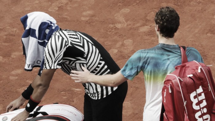 French Open: Ernests Gulbis through as Jo-Wilfried Tsonga retires after seven games with groin injury