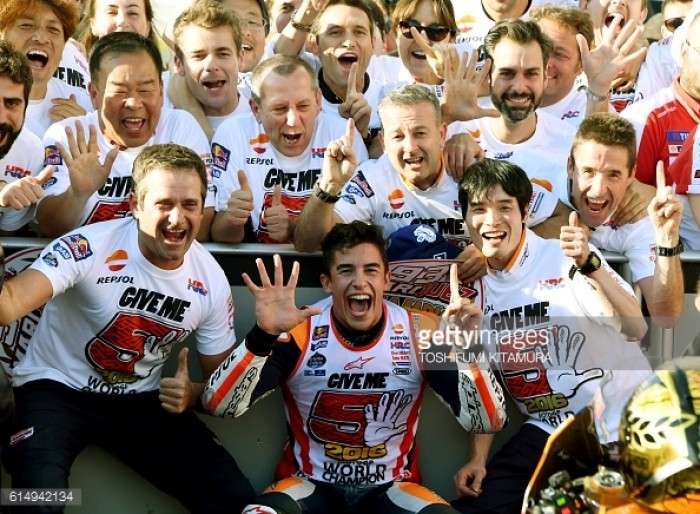 Triple success for Honda in Motegi as Marquez wins there for the 1st time claiming the 2016 MotoGP Championship in the process