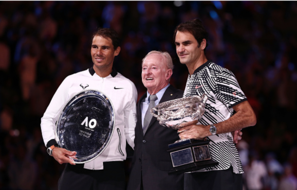 Federer poses with Nadal and Rod Laver, one of tennis' great champions, after the epic final. Credit: Scott Barbour/Getty Images 