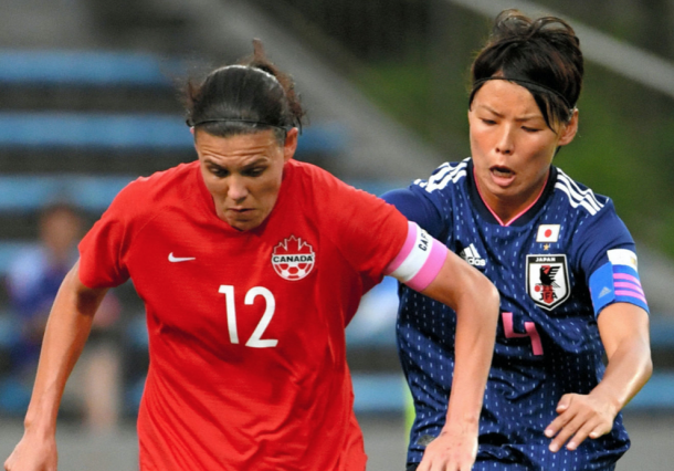 Portland Thorns FC forward Christine Sinclair against Japan. (Photo by The Asahi Shimbun via Getty Images)