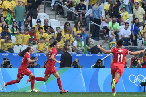 Christine Sinclair celebrates after doubling the Canadians lead with a second half goal on her 250th cap for the country/Photo: Nelson Almeida/AFP