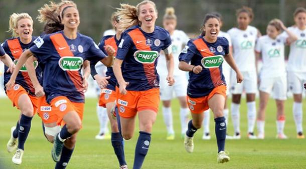 Montpellier celebrate after their semi-final victory on penalties over PSG. (Photo: FFF)