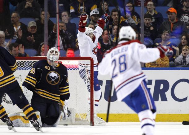 Robin Lehner lets in a goal against the Montreal Canadiens. Kevin Hoffman - USA TODAY Sports