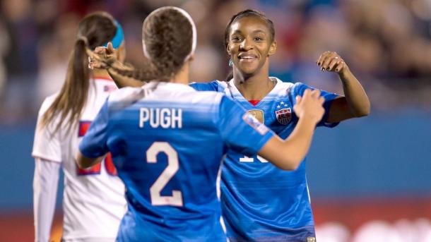 The two raising stars for the national team: Mallory Pugh (Front) and Crystal Dunn (Back) will be competing in the 2016 She Believes Cup in March. Photo provided by Osvaldo Aguilar-MEXSPORTS.