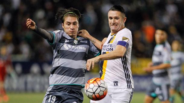In the first half the Los Angeles Galaxy attack kept Santos Laguna busy on Wednesday night in the first leg of the CCL quarterfinal series. Photo provided by the Associated Press, 