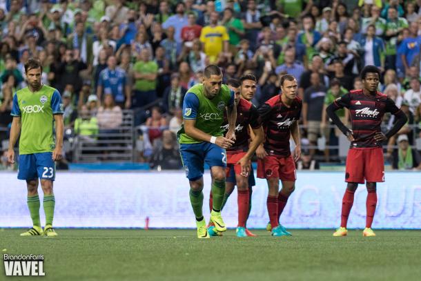 Seattle Sounders forward Clint Dempsey converts his penalty against the Portland Timbers. Dempsey has been on fire as of late. He has scored five goals in his last three games | Source: Brandon Farris - VAVEL USA