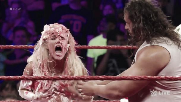 Lana was left humiliated and covered in cake by Reign's interference (image: foxsports.com)