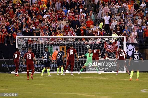 NEW JERSEY, USA - JULY 25: Mohammed Salah of Liverpool FC scores a goal during the International Champions Cup match between Manchester City and Liverpool FC at MetLife Stadium in New Jersey, United States on July 25, 2018. (Photo by Atilgan Ozdil/Anadolu Agency/Getty Images)