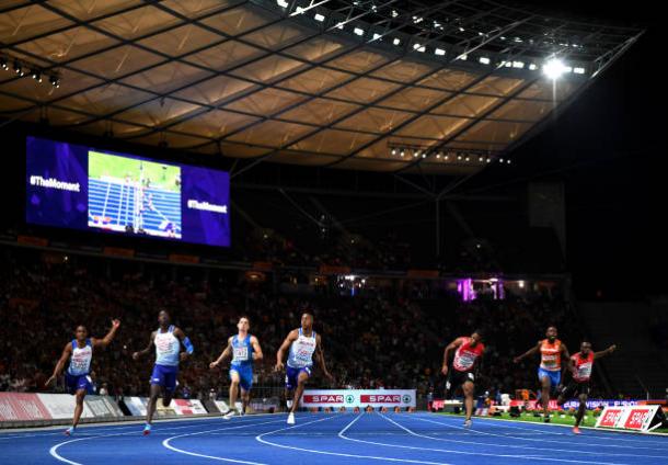 Hughes leads the field over the line to claim his first European title in Berlin (Getty/Matthias Hangst)