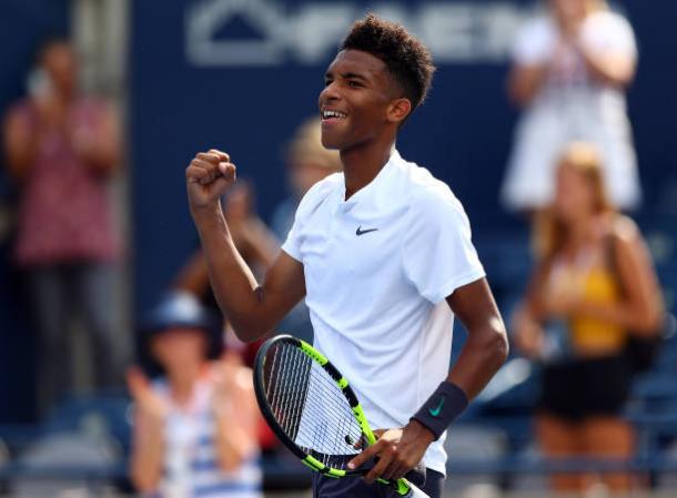Auger-Aliassime celebrates his victory over Lucas Pouille at the Rogers Cup (Getty Images/Vaughn Ridley)