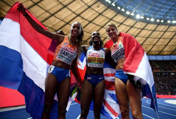 Samuel, Asher-Smith, and Schippers celebrate following the final (Getty Images)