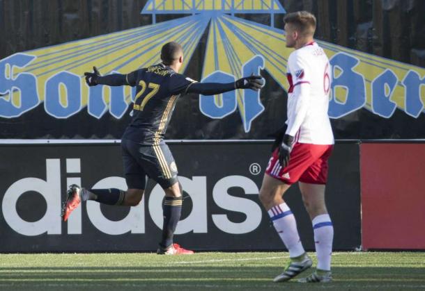 Jay Simpson snatched his first goal for Philly l Photo: Chris Szagola - AP