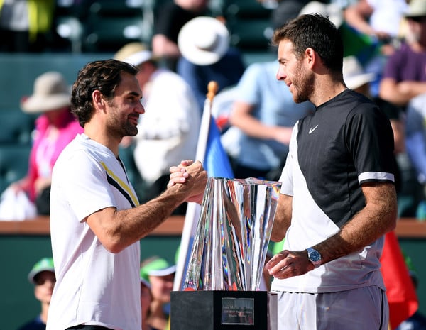 Roger Federer (left) congratulates Juan Martin del Potro (right) after their epic Indian Wells final on Sunday. Photo: Harry How/Getty Images