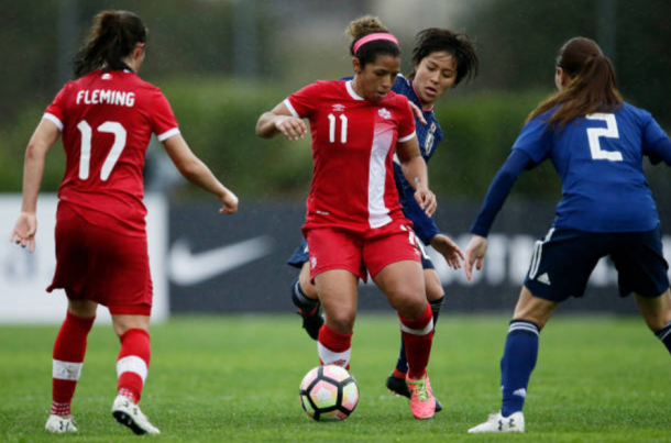 Canada midfielder Desiree Scott (11) controls the ball in a 2-0 victory over Japan at the 2018 Algarve Cup. | Photo: Eric Verhoeven - Soccrates/Getty Images