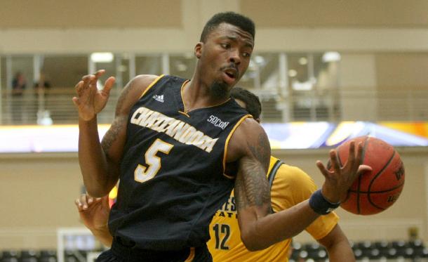 UTC post player Justin Tuoyo loses the ball in the Mocs' loss to Kennesaw State on Saturday afternoon. (Photo by C.B. Schmelter)