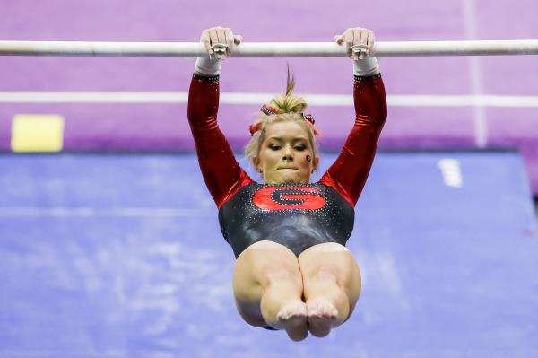 Rachel Dickson performs on the uneven bars for Georgia against LSU in Baton Rouge/FloGymnastics