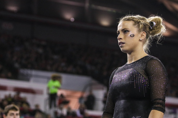 Morgan Reynolds before going on vault for Georgia against Arkansas in Athens/Georgia Athletics