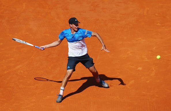 Dominic Thiem plays a forehand to Rafael Nadal during their round three match (Photo: M<ichael Steele/Getty Images)