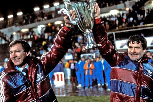 Alex Ferguson (left) and Archie Knox celebrating with the cup in 1983 | photo: The Times