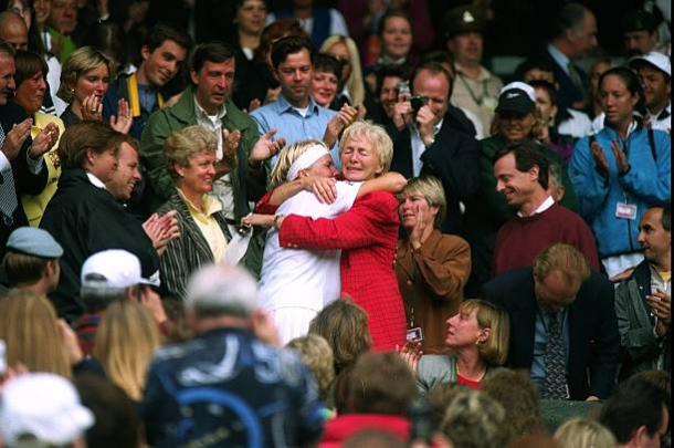 Novotna celebrates her sole Grand Slam singles title win with her mother (Getty/Mike Hewitt)