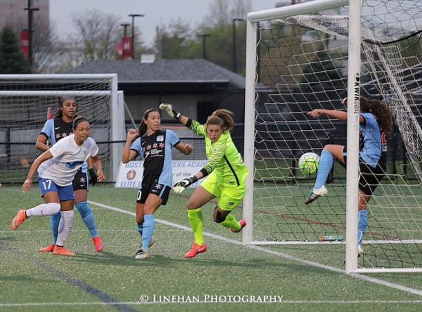 Colaprico's clearance off the goal line helped Chicago get the win over Boston (Photo credit : Linehan Photography)