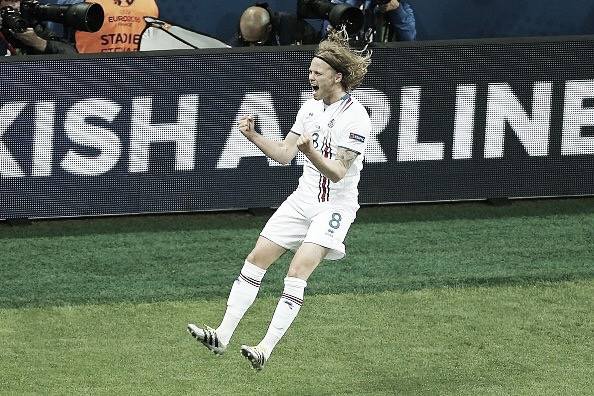 Bjarnason celebrates Iceland's first ever goal at a major tournament. (Photo: Getty)