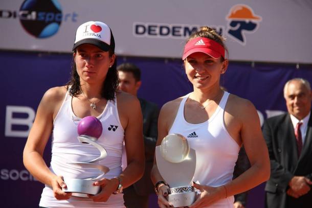 Halep and runner-up Anastasija Sevastova (left) pose with their trophies after the conclusion of the final. Photo credit: BRD Bucharest Open.