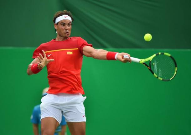 Rafael Nadal hits a forehand - Federico Delbonis. Photo: ITF Olympic Tennis Facebook
