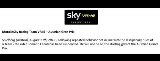The statement issued on the Sky Racing Team VR46 website
