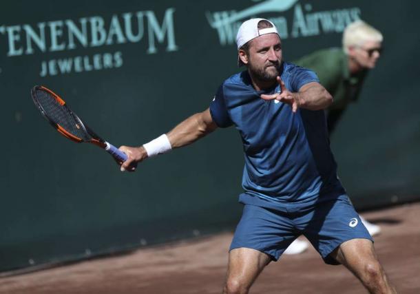 Tenny Sandgren lines up a forehand during the first ATP World Tour final of his career. Photo: Yi-Chin Lee/AP