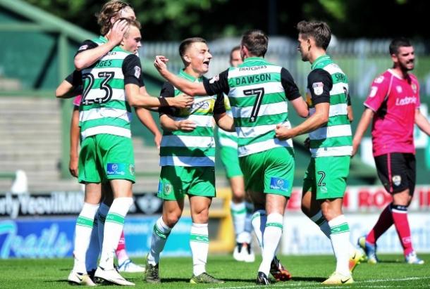 Otis Khan celebrates scoring Yeovil Town's second goal against Notts County. | Photo: Somerset Gazette