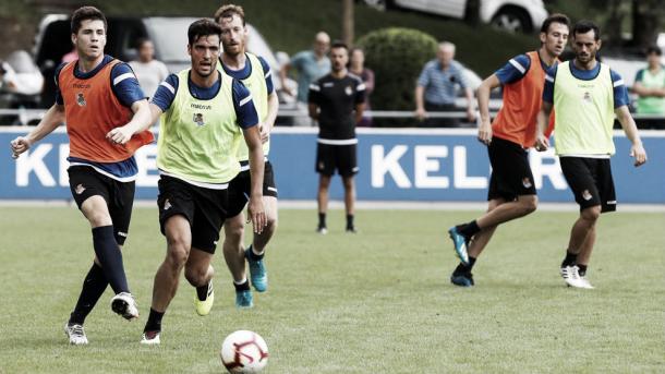 Mikel Merino entrenando en Zubieta junto a sus nuevos compañeros / Foto: Real Sociedad