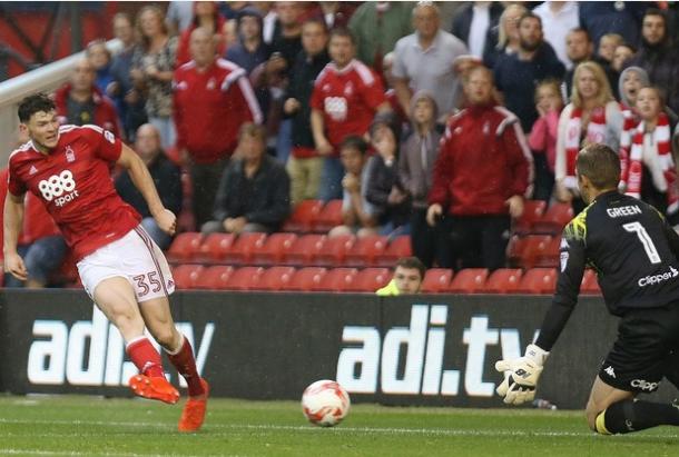 Burke scoring against Leeds on Saturday. | Photo: Nottingham Post/Mark Fear