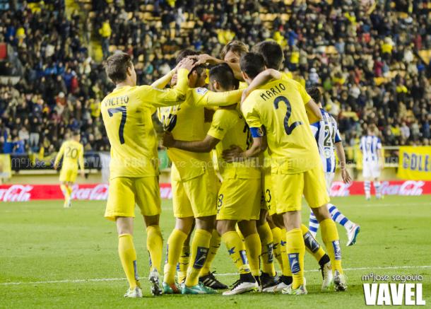 El equipo, celebrando uno de los goles frente a la Real en la 2014/2015 | Foto: Mª José Segovia (VAVEL.com)