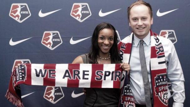 Forward Crystal Dunn (left) with head coach Jim Gabarra as she signed with the team in 2014. Source: NWSL