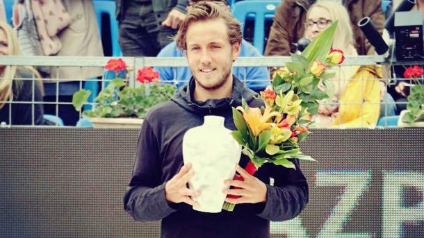 Lucas Pouille holds the trophy at the inaugural Hungarian Open in 2017. He will look to defend the title this week. Photo: ATP World Tour