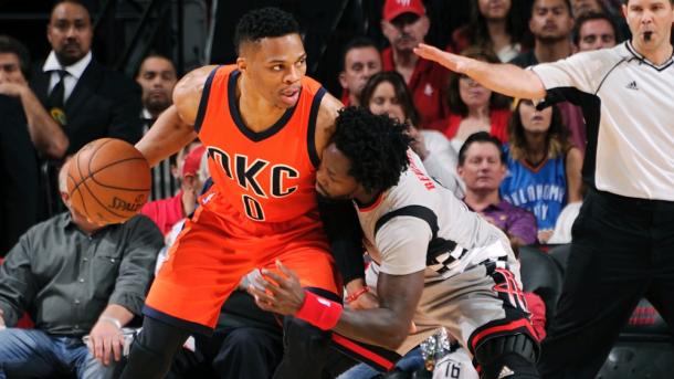 The Thunder started out hot, and Westbrook (left, No. 0) ended up an assist shy of his 17th triple-double of the season (Photo: NBAE via Getty Images).