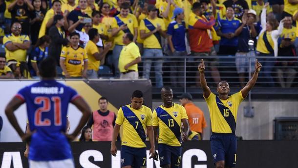 Antonio Valencia (Right) celebrating his goal and Ecuador's fourth of the match against Haiti. Photo provided by AFP.