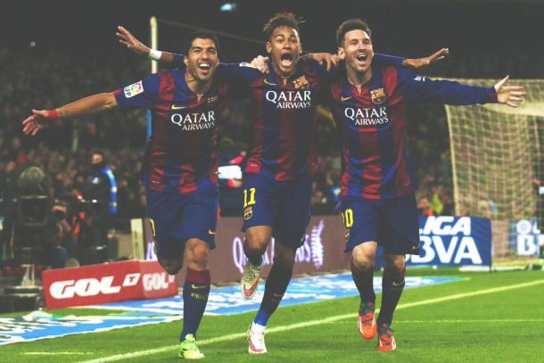 La MSN celebrando un gol contra el Atlético