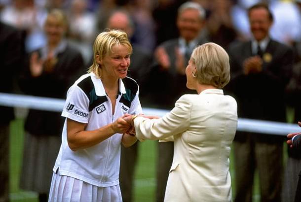 Novotna is congratulated by the Duchess of Kent following her 1998 triumph (Getty/Gary M. Prior)