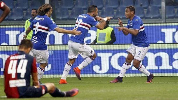 La felicità di Muriel e Quagliarella dopo il gol del parziale 1-0 all'andata. | eurosport.com