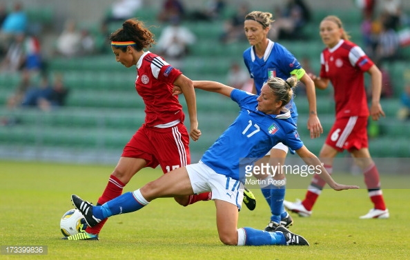 Nadia Nadim, here pictures against Italy in Euro 2013, has been on fire for Denmark, and her team is close to qualify