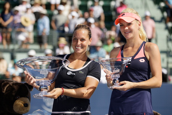 Agnieszka Radwanska poses with Dominika Cibulkova after the 2013 final at the Bank of the West Classic in Stanford/Getty Images