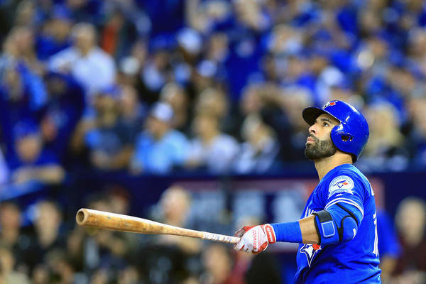 Jose Bautista #19 of the Toronto Blue Jays reacts after hitting a solo home run in the second inning against the Baltimore Orioles during the American League Wild Card game at Rogers Centre on October 4, 2016 in Toronto, Canada. (Oct. 3, 2016 - Source: Vaughn Ridley/Getty Images North America)
