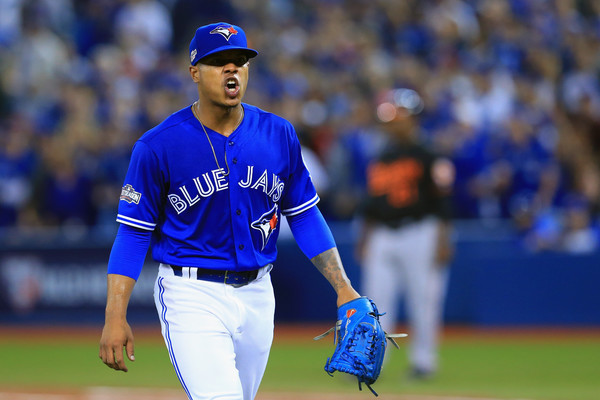Marcus Stroman #6 of the Toronto Blue Jays reacts after retiring the side in the first inning against the Baltimore Orioles during the American League Wild Card game at Rogers Centre on October 4, 2016 in Toronto, Canada. (Oct. 3, 2016 - Source: Vaughn Ridley/Getty Images North America)