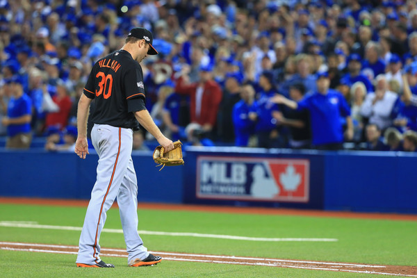 Chris Tillman #30 of the Baltimore Orioles walks off the field after being relieved in the fifth inning against the Toronto Blue Jays during the American League Wild Card game at Rogers Centre on October 4, 2016 in Toronto, Canada. (Oct. 3, 2016 - Source: Vaughn Ridley/Getty Images North America) 