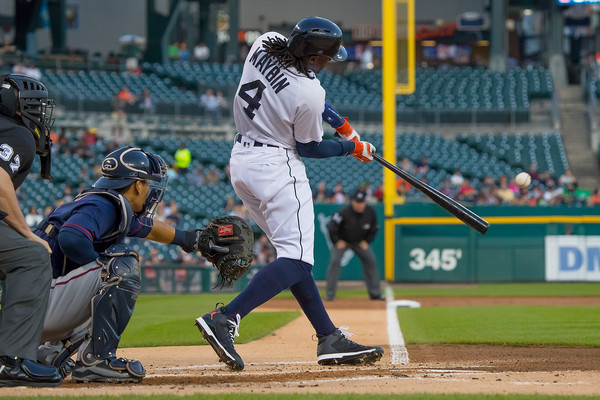 Cameron Maybin #4 of the Detroit Tigers hits an RBI double in the first inning during a MLB game against the Minnesota Twins at Comerica Park on September 14, 2016 in Detroit, Michigan. (Sept. 13, 2016 - Source: Dave Reginek/Getty Images North America)