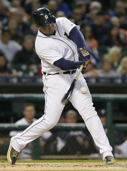 Miguel Cabrera #24 of the Detroit Tigers hits a two-run double against the Cleveland Indians during the first inning. (Duane Burleson/Getty Images) 