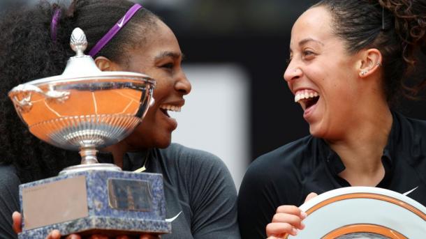 Serena Williams and Madison Keys shares some laughter between them during the trophy ceremony in Rome |Photo: Reuters